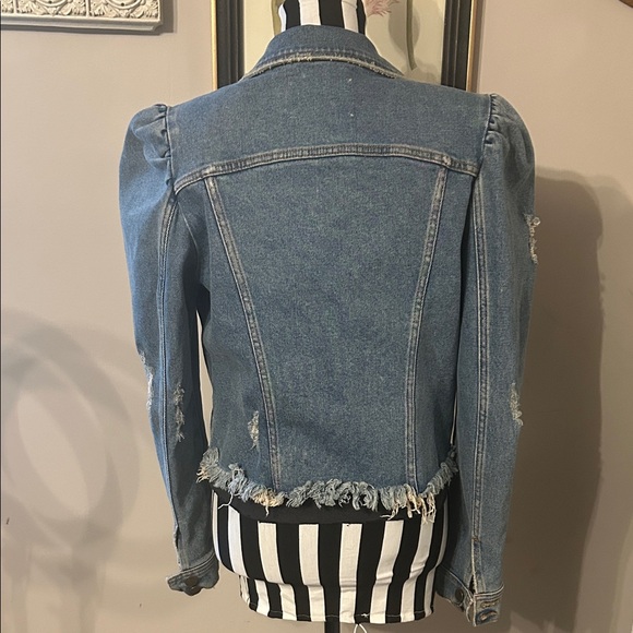 Retrofete Rissa Puff Sleeve Cropped Distressed Denim Jean Jacket Size M EUC - Picture 2 of 6